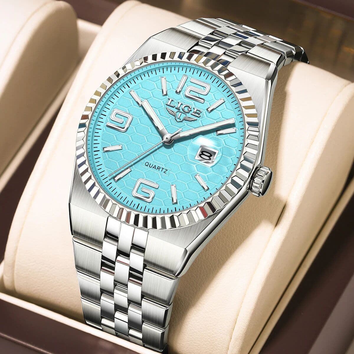 LIGE Men Watches Tiffany Blue Honeycomb Dial Quartz Wristwatch Luminous 3ATM Waterproof Businsess Watches for Man Relogio Clock