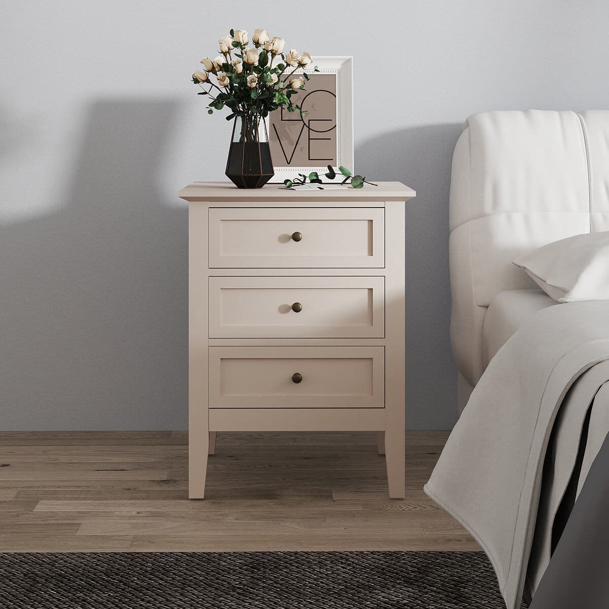3 Drawer Bedside Table - Rowley Taupe Grey Range Coated MDF, Metal