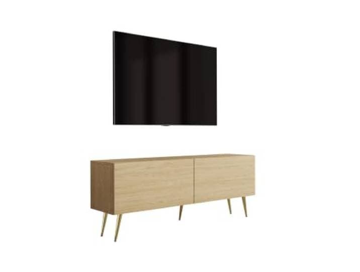 3xE Living TV-Lowboard mit Beinen 140 cm, 2 Türen, Eiche Geölt, goldene schräge Beine, 140 x 32 x 52 cm