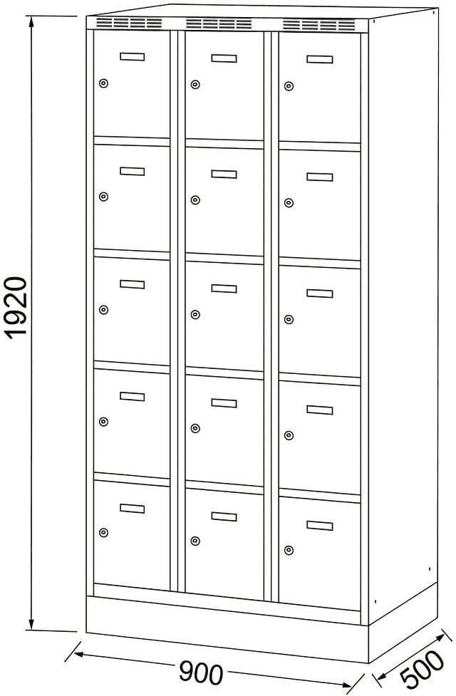 Alfa 3 Šatníková skrinka S6 na sokli s úložnými boxami, 15 boxov, 1920 x 900 x 500 mm, cylindrický zámok, modré dvere