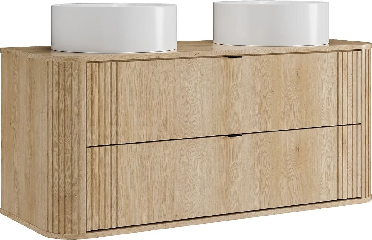 Vente-unique Meuble de salle de bain suspendu avec double vasque à poser ronde - Naturel clair - L120 cm - FILOR