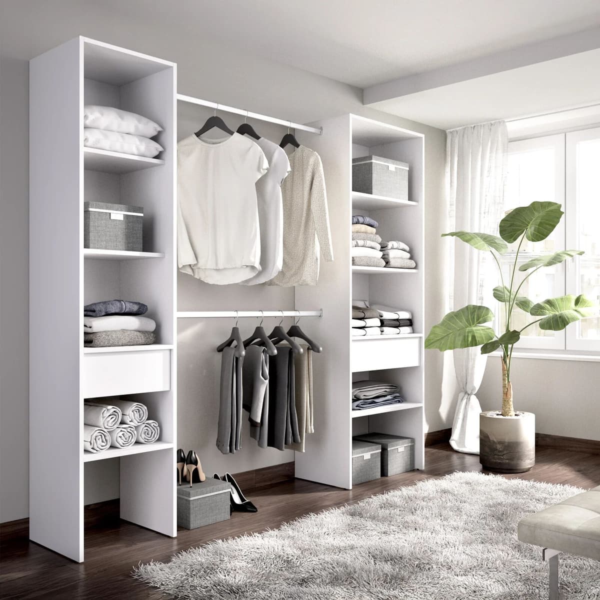 garneroarredamenti Cabina armadio allungabile 140/200x185h cm con cassetti e appendiabiti bianco Kora