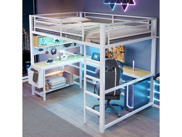 Lit mezzanine 140x200 lit enfant avec bureau plateau clavier compartiments de rangement éclairage LED et station de charge blanc