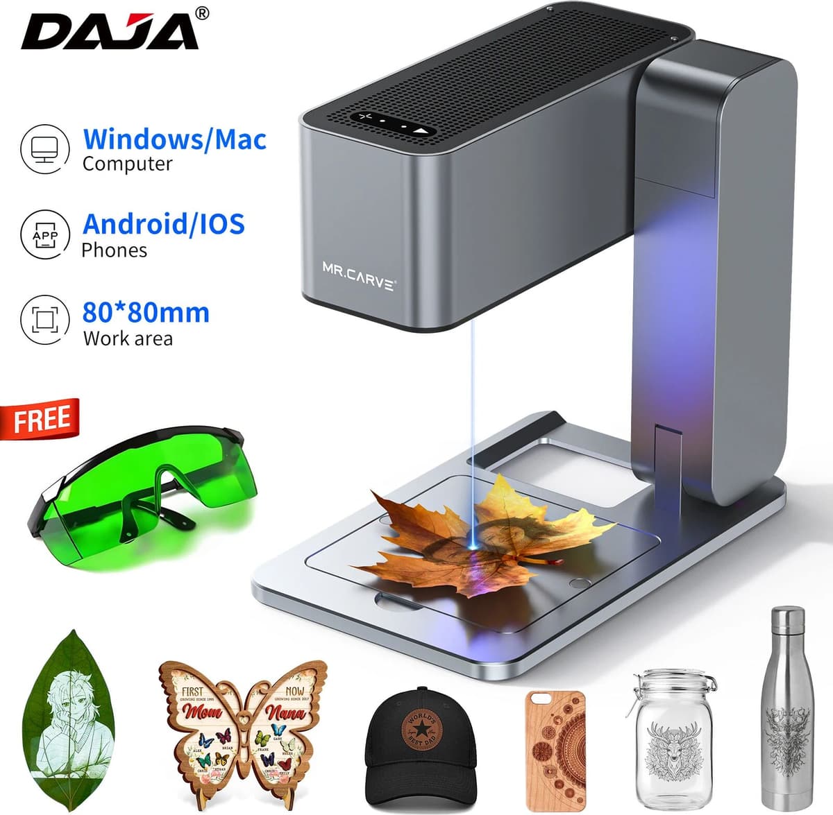 DAJA MR.CARVE C1 Laser Engraver Portable Laser Engraving Machine for Mobile APP Windows Mac Engrave leaves wood Plastic Painted Metal