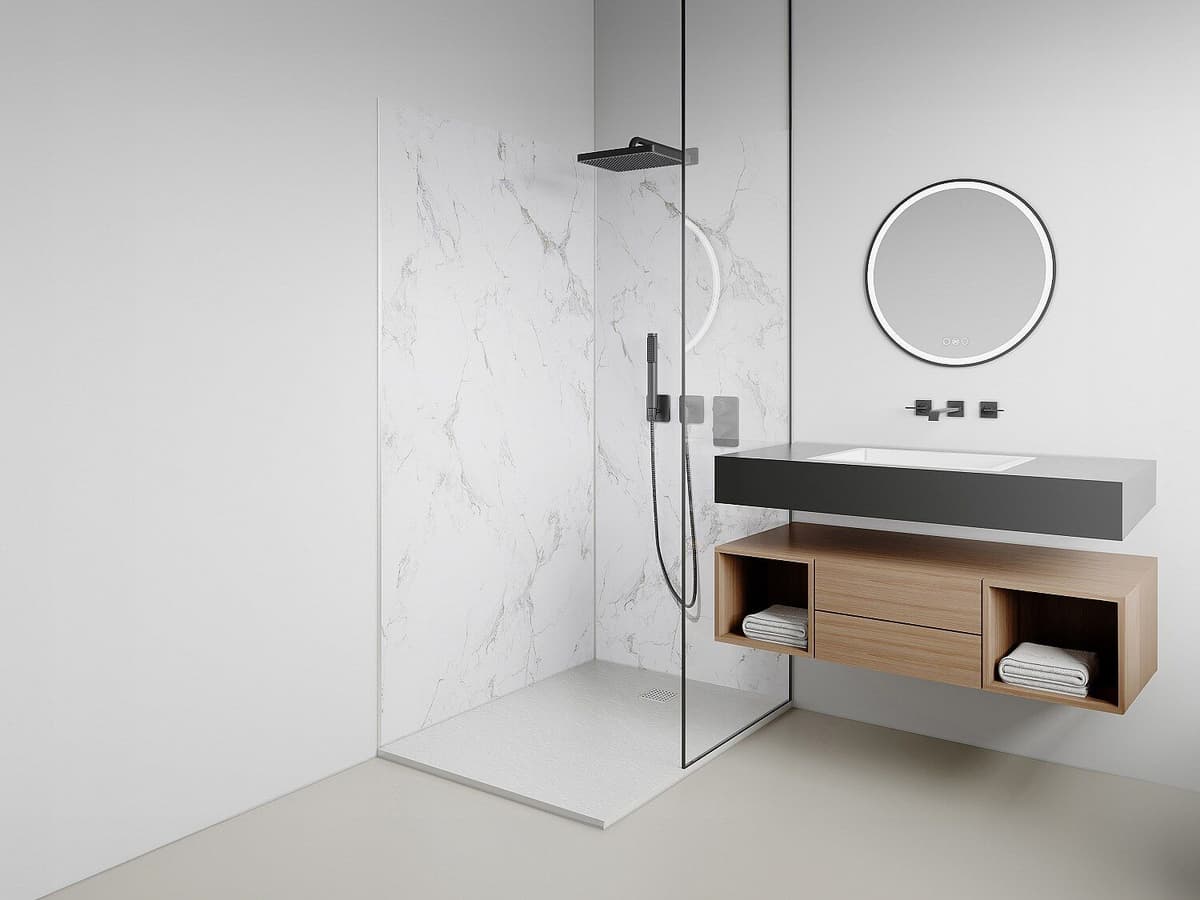 Unique Zestaw 2 paneli ściennych aluminiowych pod prysznic z efektem białego marmuru z profilami - szer. 90 x szer. 120 x wys. 210 cm - ENEKO