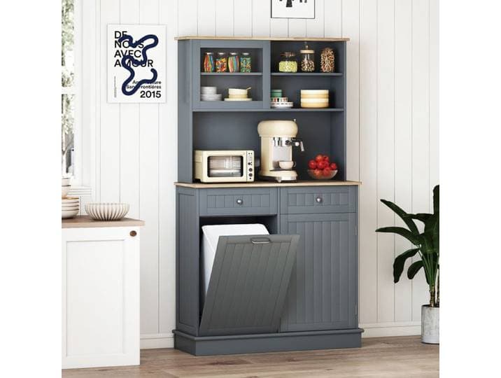 Buffet de Cuisine COSTWAY à Double Poubelle Inclinable 38L Comptoir en Bois d'Hévéa Étagères Réglables Armoire de Rangement Gris