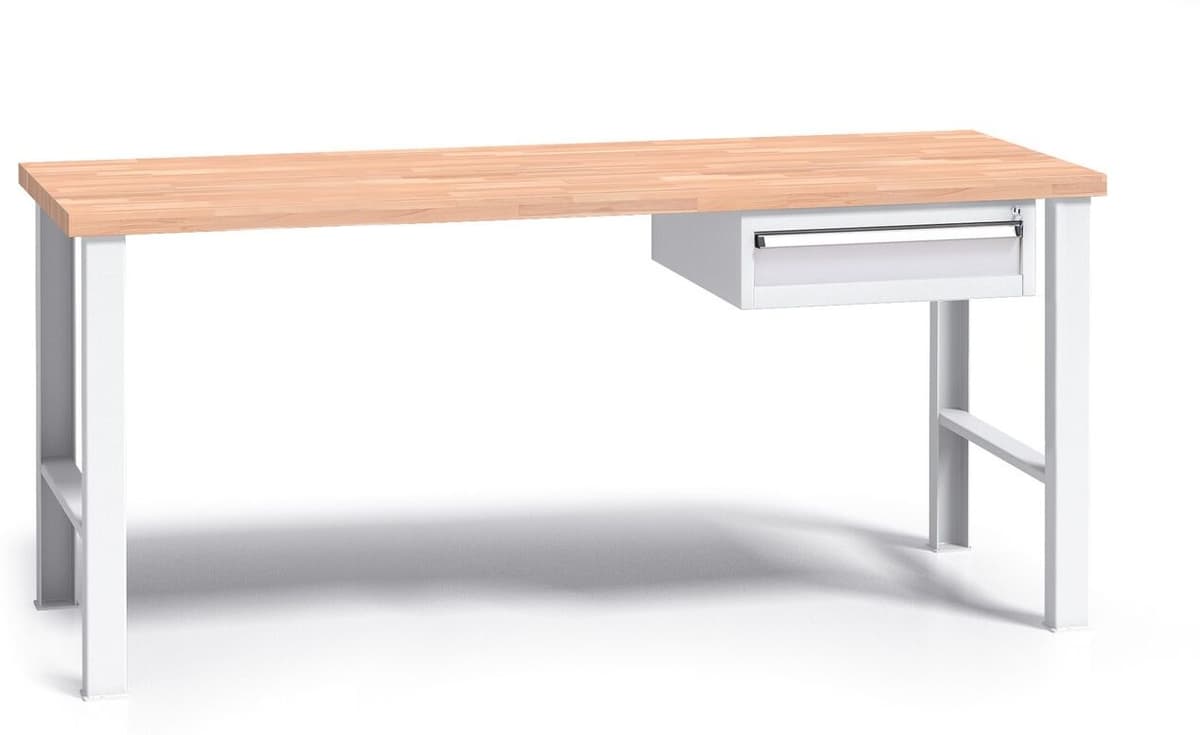 B2B Partner Pracovný stôl do dielne G3 so závesným boxom na náradie, buková škárovka, 1 zásuvka, pevné kovové nohy, 1700 mm, sivá