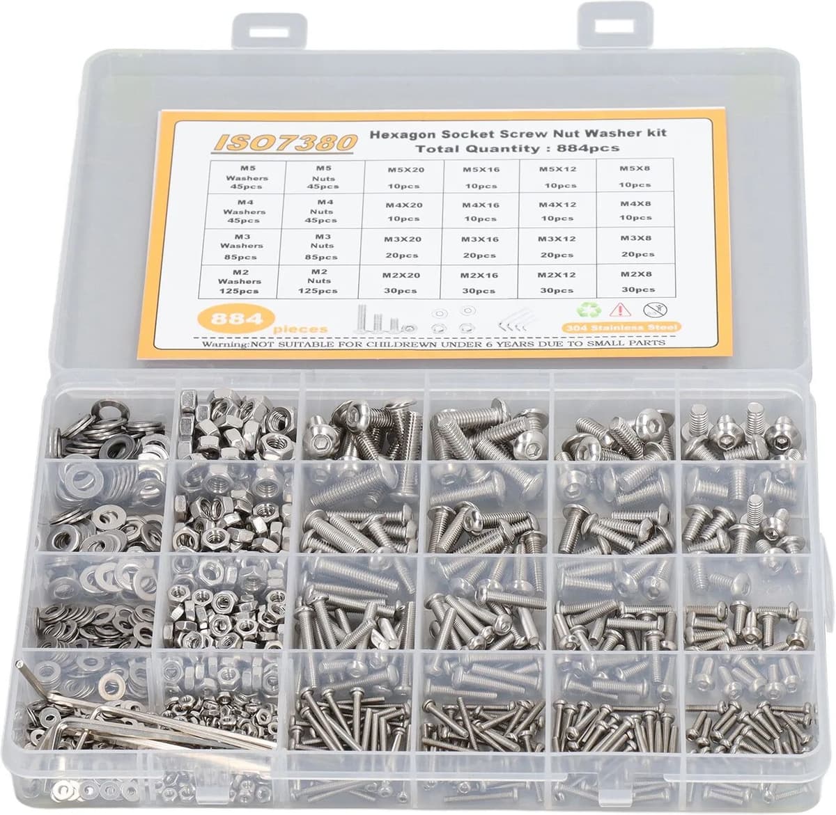 TOPINCN 884 Pcs Stainless Steel Screw Nut Washer Wrench Kit M2 M3 M4 M5 Half Round Head Hex Socket Screws Nuts Washers Wrench Set