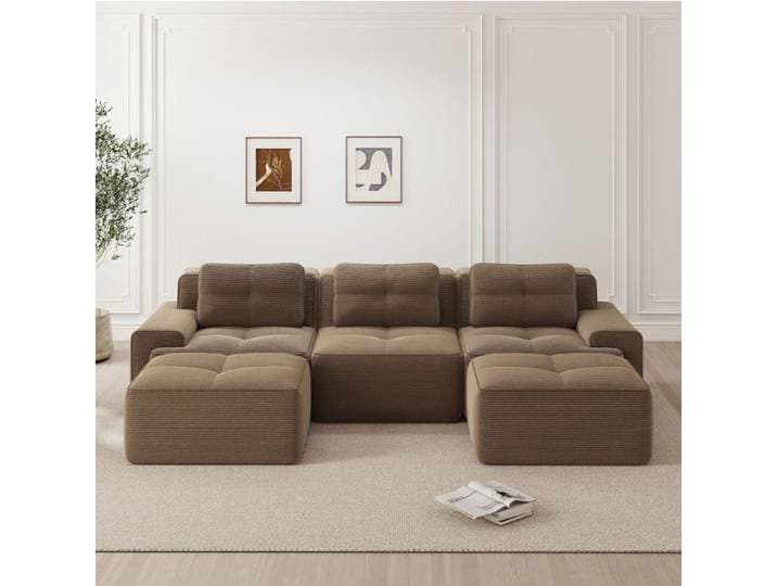 Canapé modulable 3 places marron en velours côtelé assise 74 cm sans montage