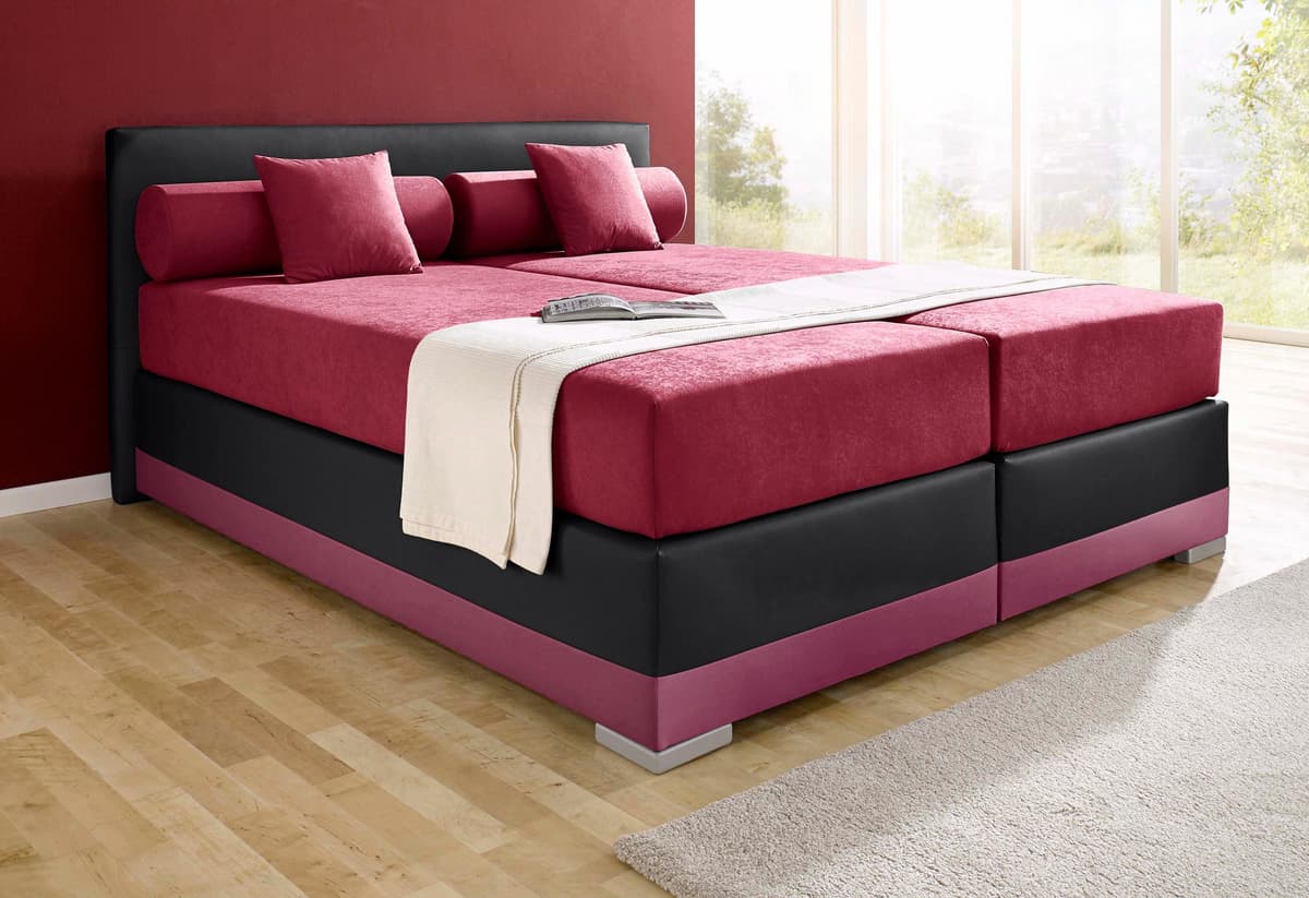 Boxspringbett MAINTAL "Lago", rot (bordeauxrot, schwarz), B:187cm L:210cm, Bezug Kopteil und seitliche Unterbox wahlweise Microvelours aus 100% Polyester oder Kunstleder;DIe Obermatratze ist bei beiden Bezugsqualitäten mit Microfaser (100% Polyester) bezo