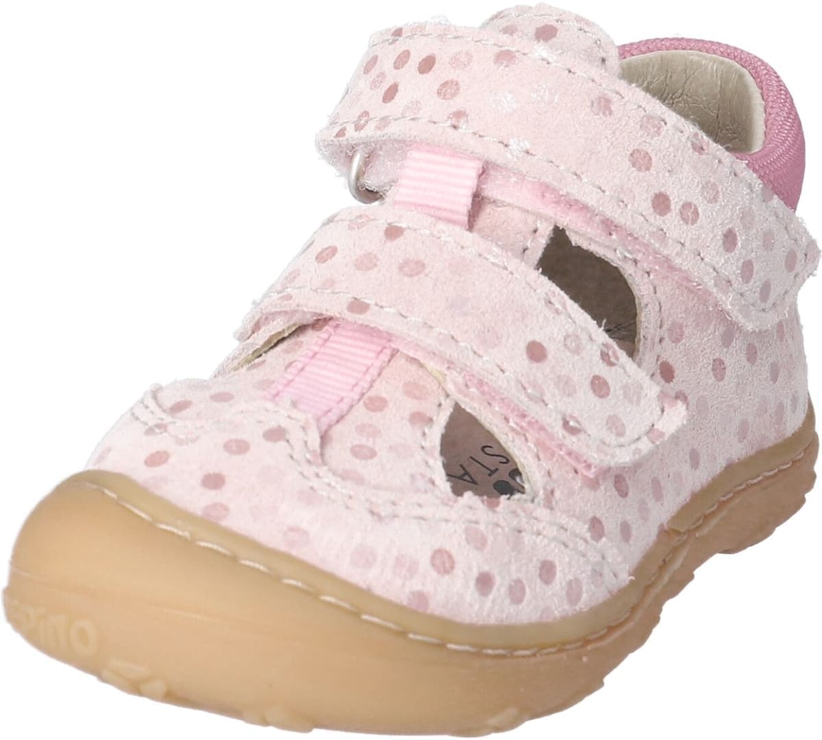 Lauflernschuh PEPINO BY RICOSTA "Ebi WMS: mittel", Jungen, Gr. 23, Leder, rosa (rosa metallic), Textil, Veloursleder, Glitzer, gepunktet, Schuhe Lauflernschuh, Klettschuh, Lederinnensohle, Grössenschablone zum Download rosa metallic 23, Leder