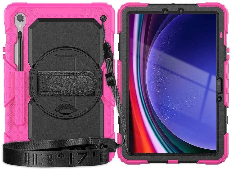 TABLETCOVERS.DK Samsung Galaxy Tab S9 Håndværker Cover m. Beskyttelsesfilm, Håndholder & Skulderstrop - Pink / Sort