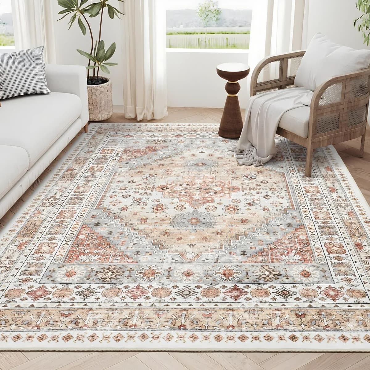 VIKAMA Bohemian Carpet, Durable And Stain-Resistant Living Room Floor Mat, Vintage-Style Bedroom Carpet For Home Decoration