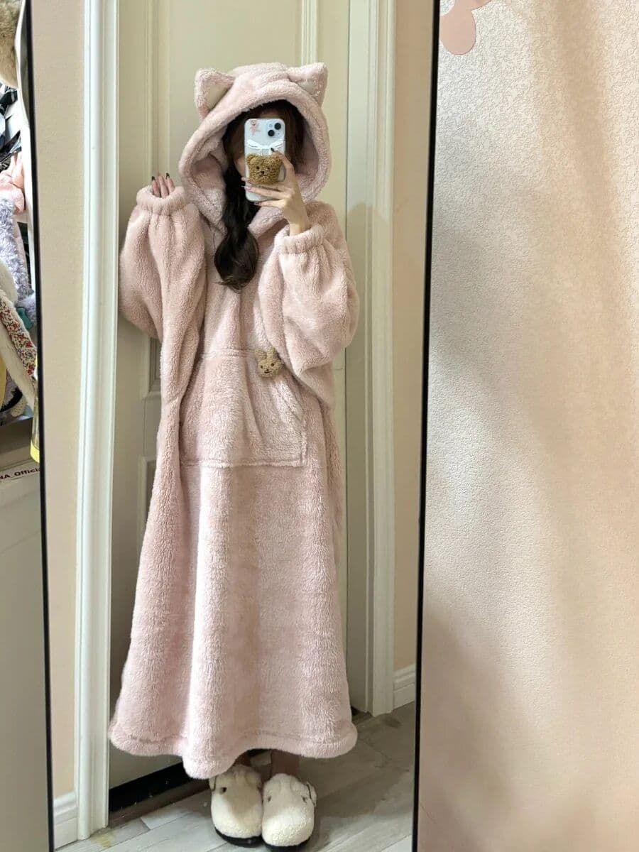 others Cute  Hooded Coral Fleece Pajamas Women's Thickened Winter Large Size Home Flannel Nightgown Robe Cartoon Pattern