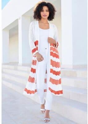 Plus Size Women's Long Pointelle Cardigan Sweater by Roaman's in White Coral (Size M)