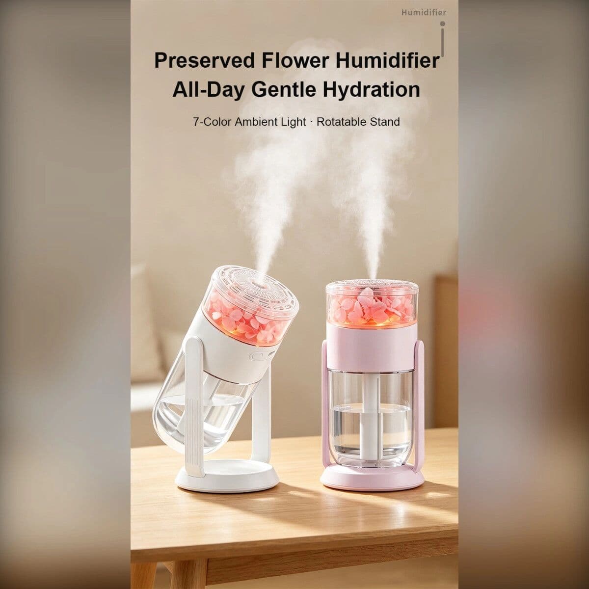 INF Humidificateur de bureau USB à fleur stabilisée, brume élevée, LED d'ambiance et support rotatif Blanc