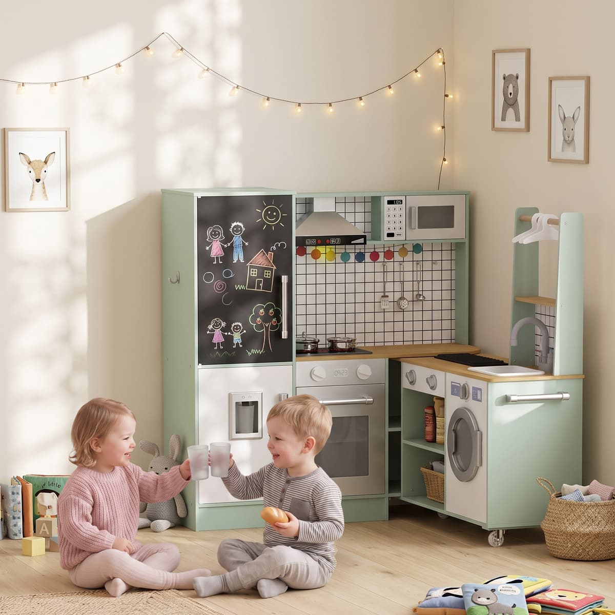Aiyaplay Cucina per Bambini 3-8 Anni con Piano Girevole, Fornelli, Luci e Suoni, Forno, Microonde, Verde Chiaro   Aosom Italy