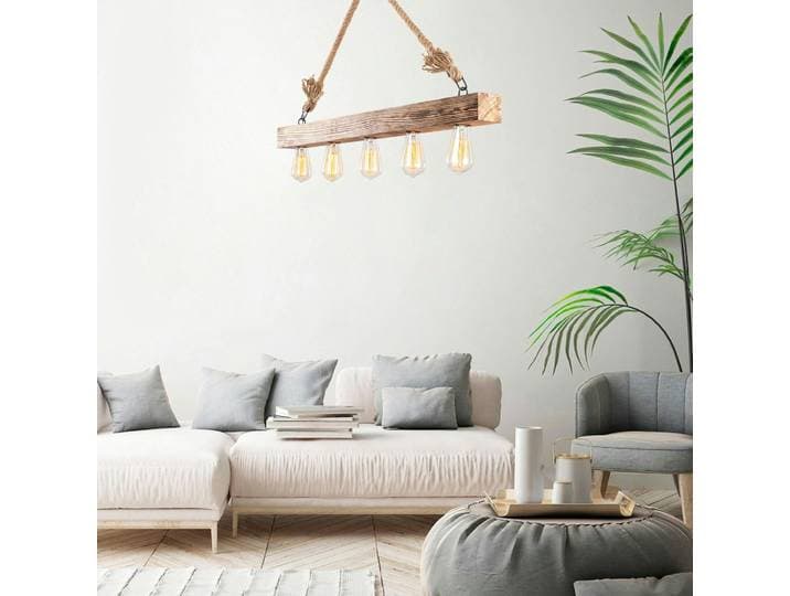 Suspension industrielle bois & corde - 5 ampoules CAMOGLI