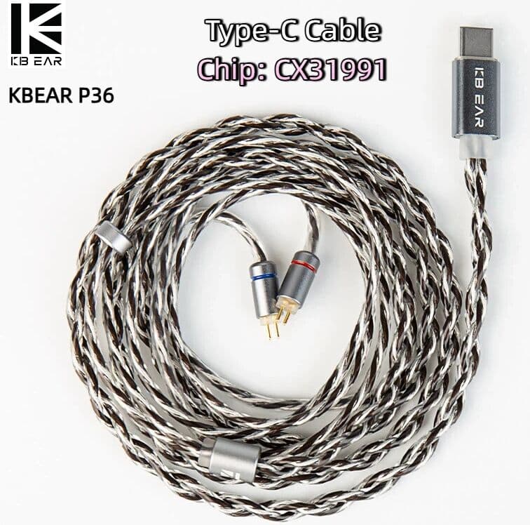 KBEAR P36 2Core OFC Silver-Plated HiFi Earphone Cable 0.78 2PIN Type-C IEM Cable Connect for KZ ZS12 Prox ZS12 Pro2 Headset