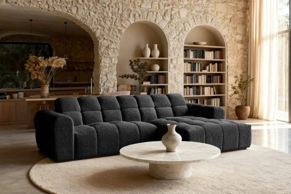Casanova Paris Canapé d'angle tissu bouclette 4 places noir gauche Noir 262x70x152cm