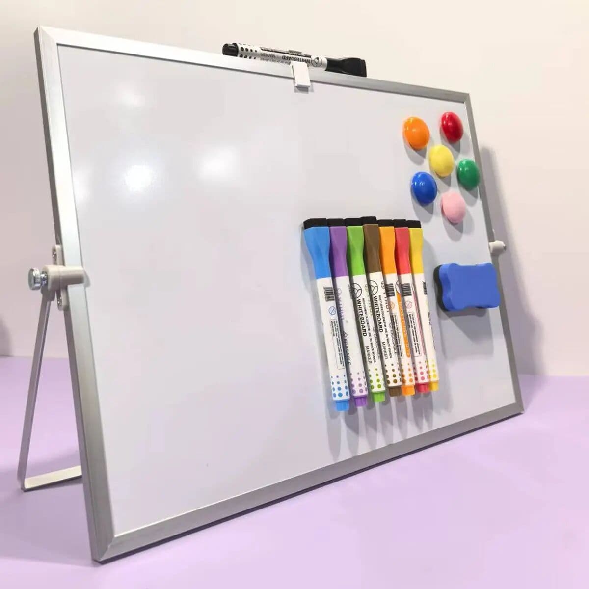 NONE Desktop Whiteboard Set with Stand, 8 Markers, Eraser & Magnets, Dry Erase Board for Office
