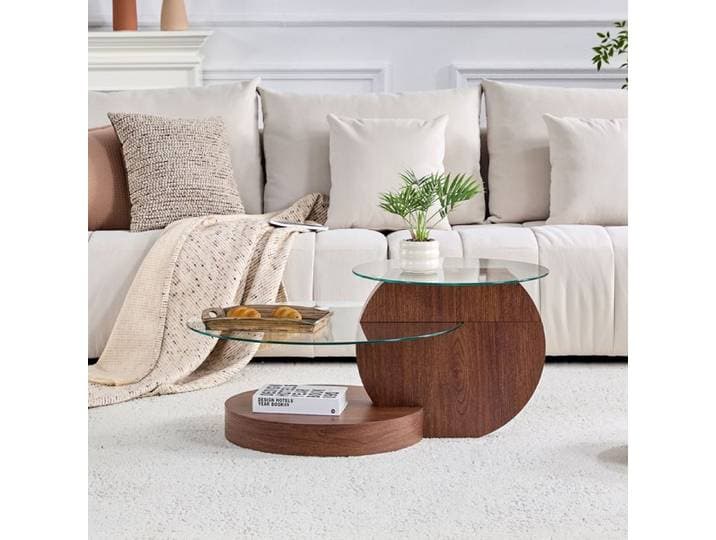 Table basse design en verre sécurisé et MDF décor noyer à rangement étagé