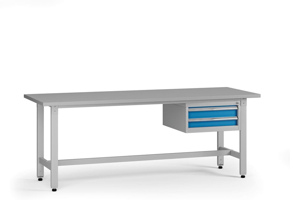 B2B Partner Stół warsztatowy z regulacją wysokości G5, 2100 x 750 x 800-1000 mm, 1x kontener, 2x szuflada, niebieski