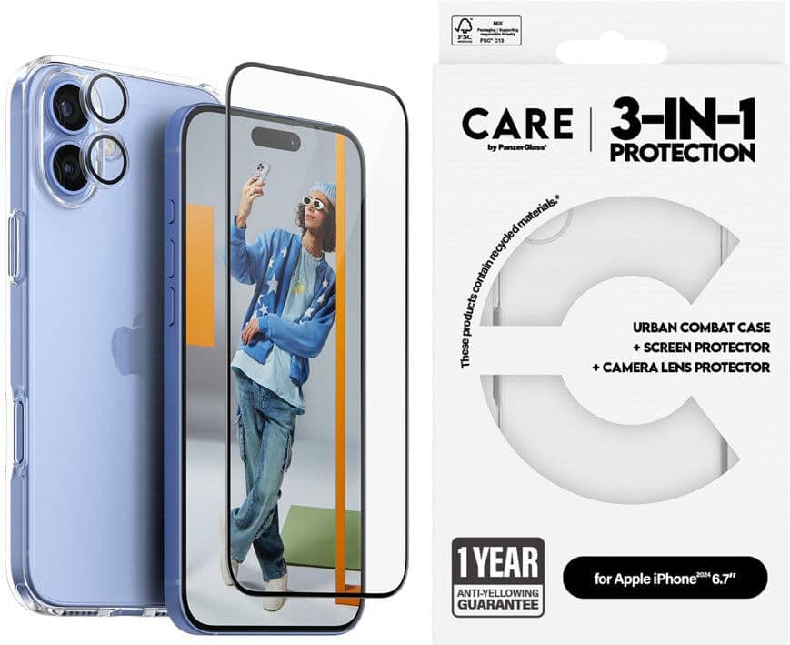 CARE By PanzerGlass iPhone 16 Plus 3-i-1 FLAGSHIP Bundle - Skærmbeskyttelse (UWF) / Bagsidecover / Kamerabeskyttelse - Gennemsigtig