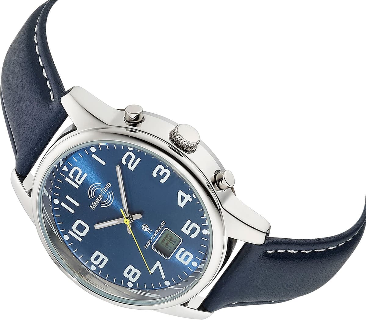 Funkuhr MASTER TIME "Super Power", blau (dunkelblau, blau), Armbanduhren, Herren, silberfarben, Funkuhr, Armbanduhr, Quarzuhr, Herrenuhr, Datum, Leuchtzeiger