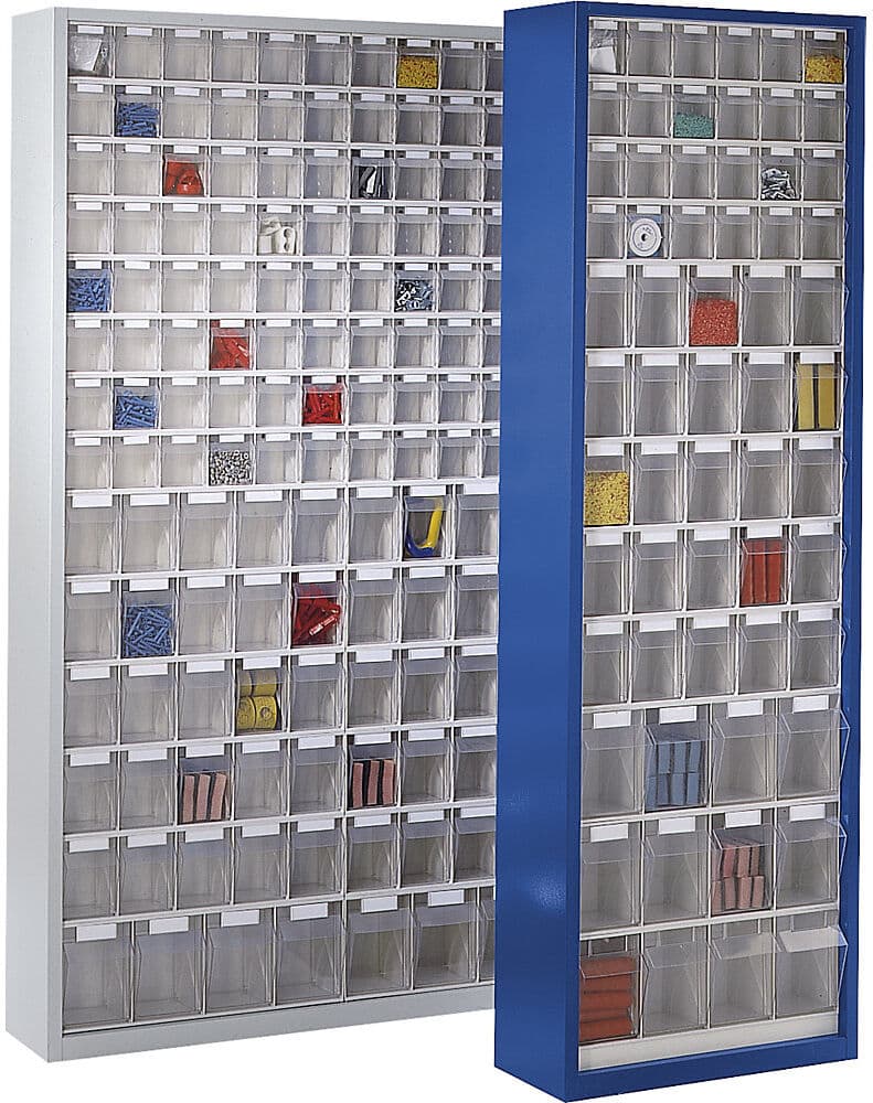 kaiserkraft Magazinschrank aus Stahlblech, mit 61 transparenten Klappkästen, lichtgrau
