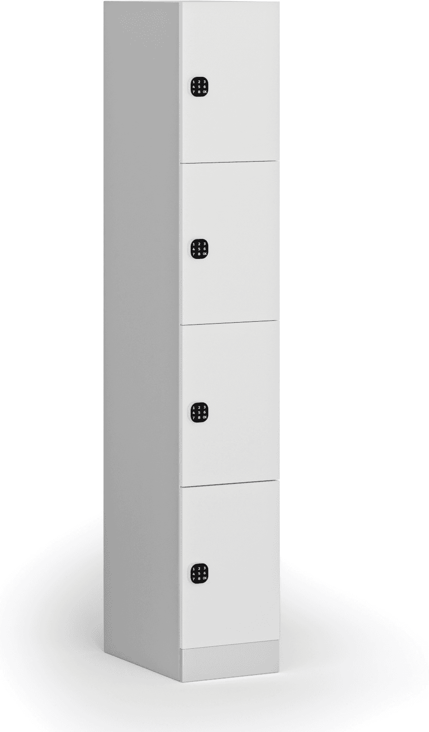 B2B Partner Šatníková skrinka S1 s úložnými boxmi, 4 boxy, 1850 x 300 x 500 mm, demont, kódový zámok, laminované dvere, biela