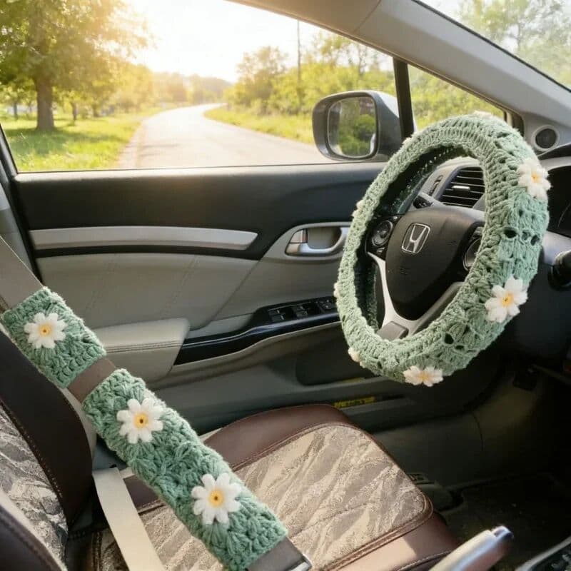 NONE Warm Anti-Slip Hand Crocheted Flower Car Steering Wheel Cover Simple Stylish Winter Car Decor Safe Driving Seat Belt Accessory
