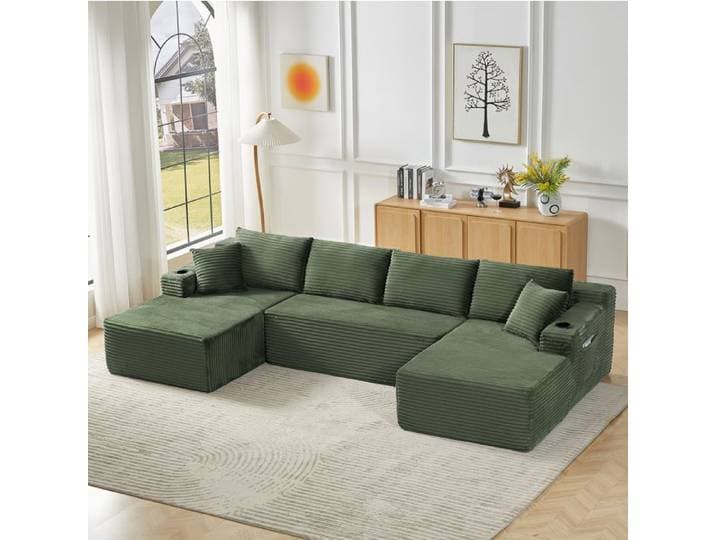 MEUBLIV Canape modulable en U 6 places velours cotele vert assise profonde mousse a memoire de forme