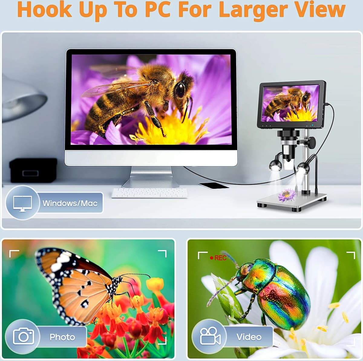 Aikokkl RIEVBCAU 7'' LCD Microscope DM9 1200X Digital Microscopes 1080P HD Scope Soldering Repair Tool Coin Magnifier With 10 LED Light