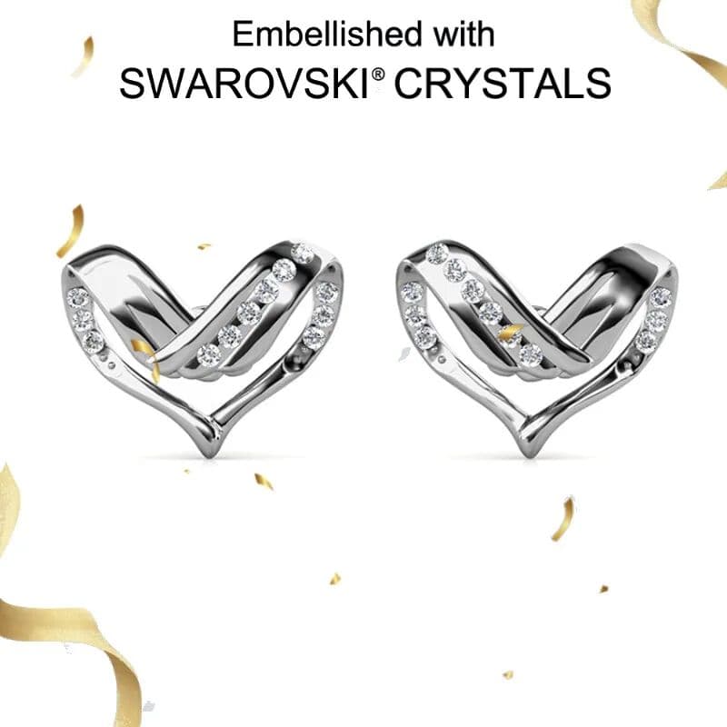 Daisini Real 925 Silver Novel Sweet Heart Stud Earrings Embellished with Swarovski Crystals for Women Girls Jewelry Non-allergic