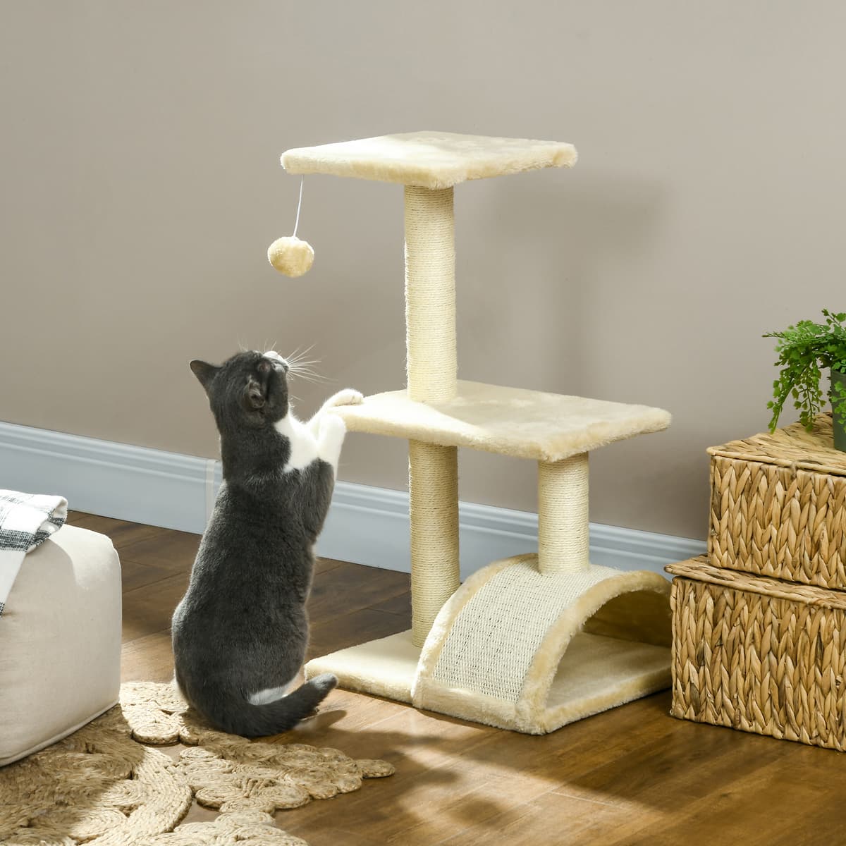 Pawhut Albero per Gatti a 3 Livelli con Tiragraffi, Peluche e Sisal, 40x35x72 cm, Crema