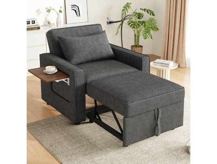 Modenuit canapé convertible 1 place gris en tissu côtelé avec USB Type-C support téléphone et tablette