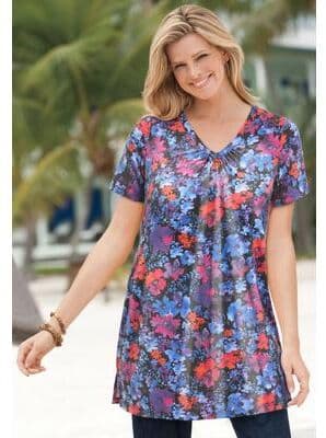 Plus Size Women's Perfect Printed Short-Sleeve Shirred V-Neck Tunic by Woman Within in Black Multi Garden (Size L)