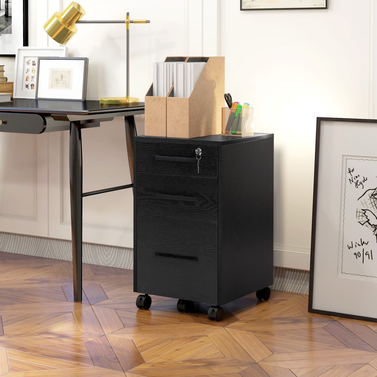 Homcom Cassettiera Portadocumenti da Ufficio con 3 Cassetti, 5 Ruote, Nero, 39.2 x 40 x 65.4cm