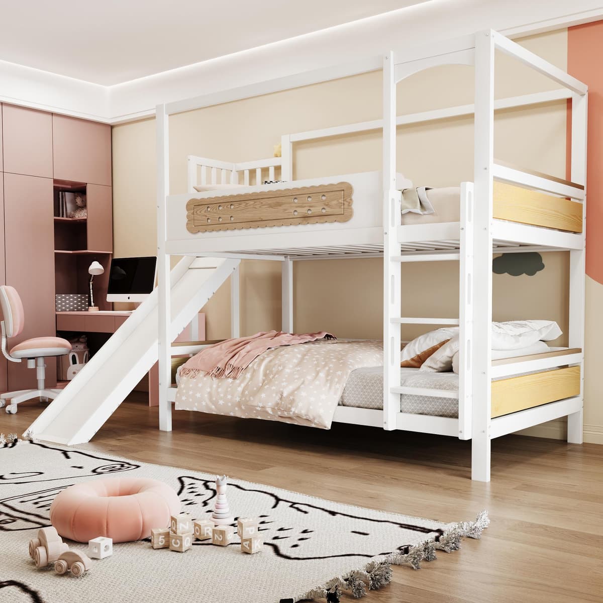 okwish Etagenbett 90x200 Stockbett mit hausförmigen Rahmen,Kinderbett Jugendbett mit verspielter Rutsche,Bettgestell mit Schutzgittern,Holzfarbe(mit einer Matratze)