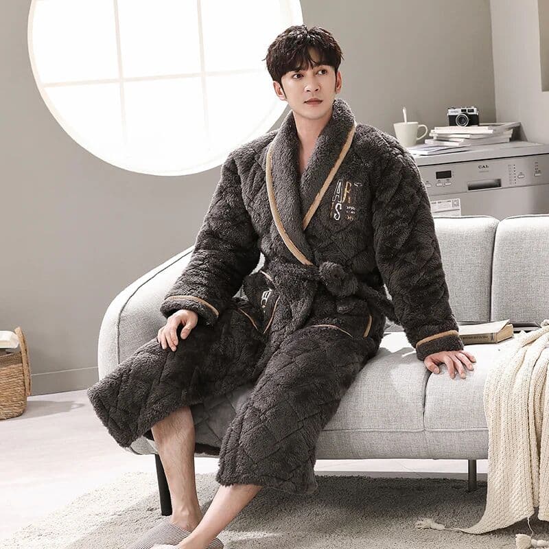MENGLAIQIAN Winter Bath Robe Coral Fleece Men Bathroom Robe Men Bathrobe Men Flannel Quilted Pajama Thick Long Spa Robe Shower Homewear