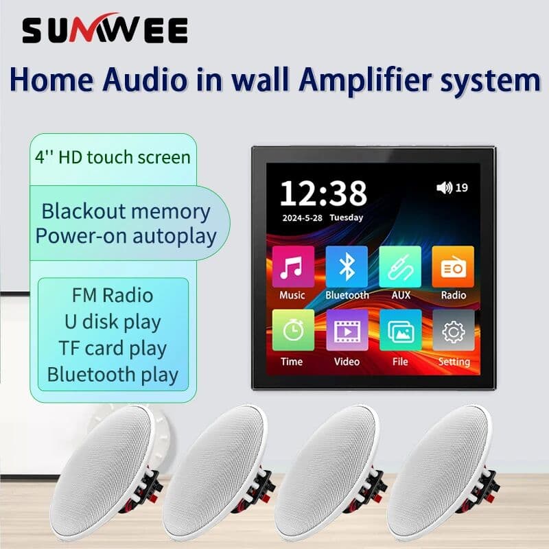 SUMWEE 4 Inch Touch Screen Min in Wall Amplifier Smart Home Audio Panel Stereo Bluetooths Sound Background Music System Ceiling Speaker