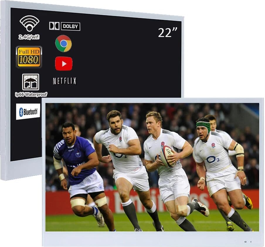 Souria 22' White Waterproof Bathroom TV with Built-in WiFi Bluetooth DTV Tuner Android IP66 for SPA Hotel Room