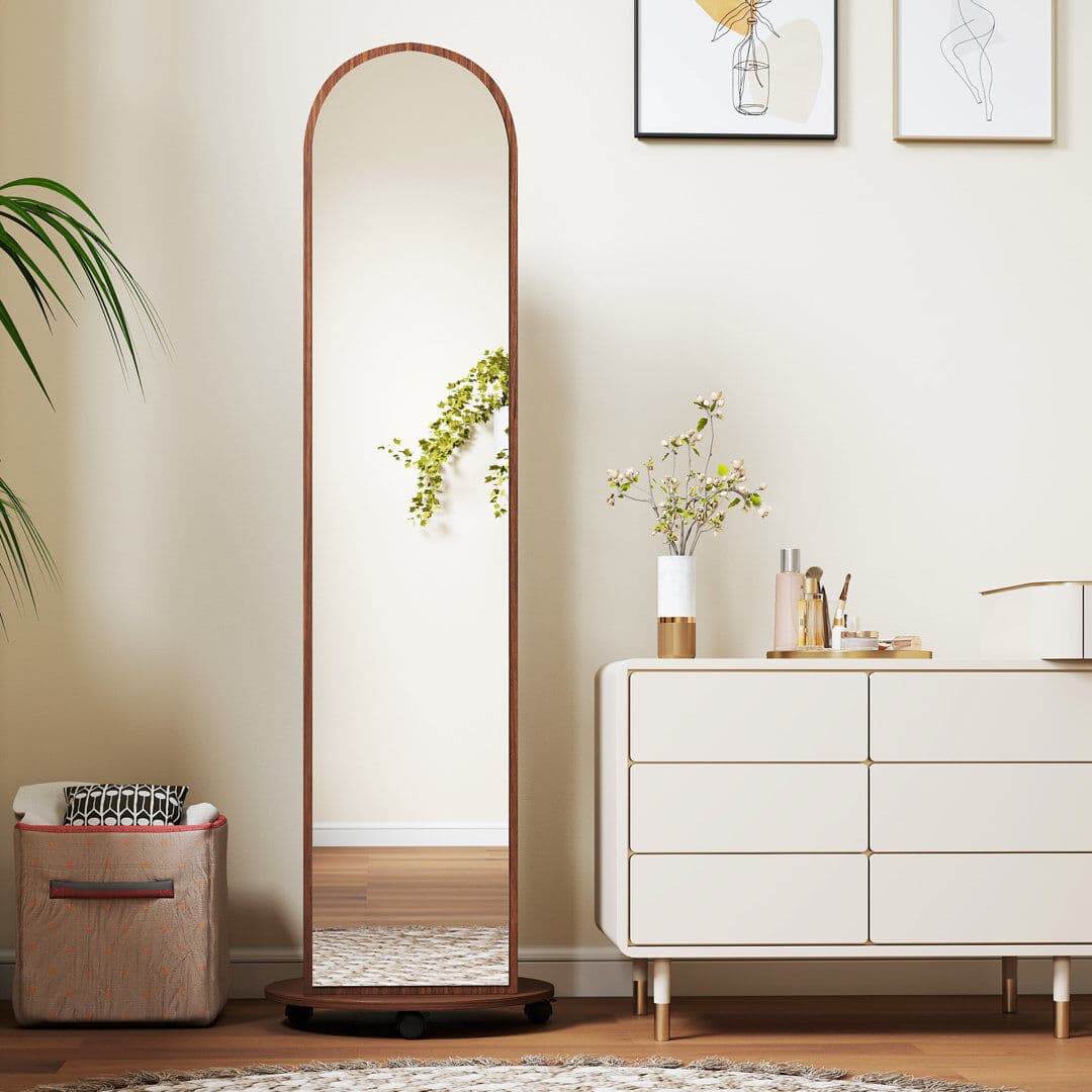 17 Stories 2-in-1 Full Length Mirror with Shelves, 4 Wheels, Wood Effect Brown Wood 167cm H X 50cm W X 50cm D