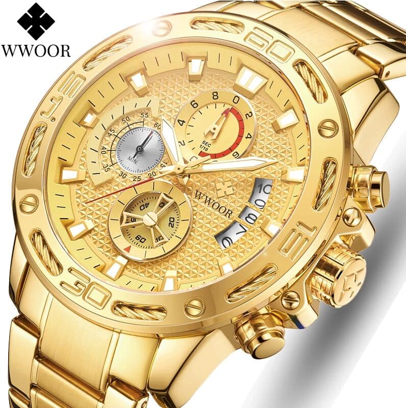 WWOOR Mens Watches Top Brand Fashion Luxury Gold Stainless Steel Quartz Watch Men Waterproof Sport Chronograph Relogio Masculino