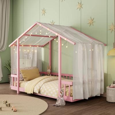 Twin Size Platform Bed With Sheer Fabric Canopy And String Lights