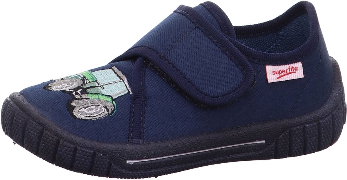 Hausschuh SUPERFIT "BILL, WMS: mittel", Jungen, Gr. 30, Textil, blau (dunkelblau, traktor), bestickt, Schuhe Hausschuh, Kindergarten Schuh im Jeans-Look, Grössenschablone zum Download dunkelblau, traktor 30, Textil