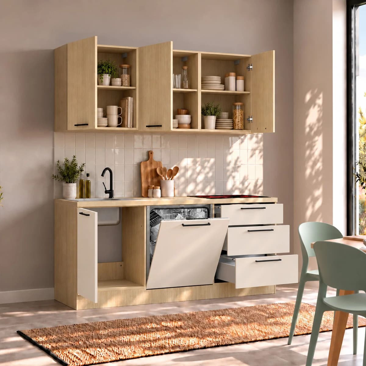 garneroarredamenti Cucina lineare 180cm completa componibile beige cashmere rovere Dresda