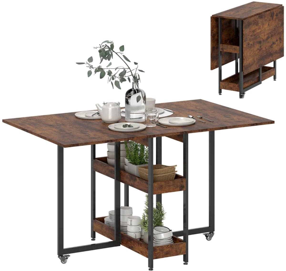 Zylaro Opklapbare Eettafel met Butterfly Leaf en Zwenkwielen voor de Keuken of Eetkamer