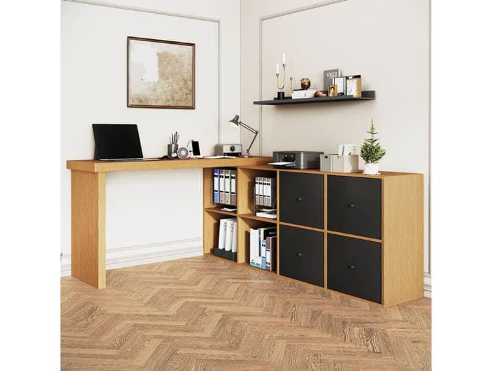Bureau d'angle pivotant 360° noir et chêne MDF bureau ordinateur 120x48 cm avec buffet 140 cm 4 niches et 4 tiroirs